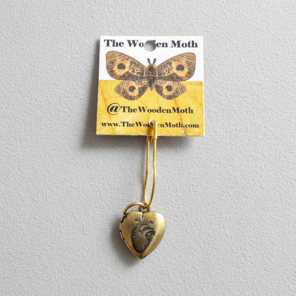 Engraved Brass Locket No Chain Tiny Heart Shape With Anatomical Heart