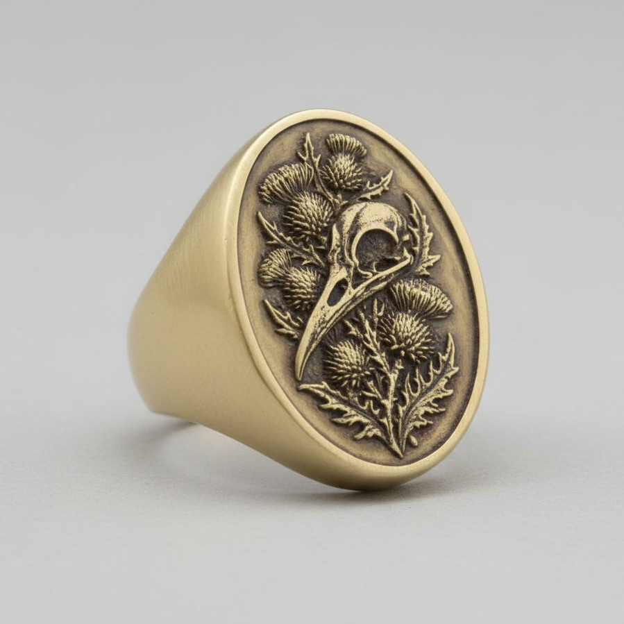 Ring Large Oval Raven Skull With Thistle