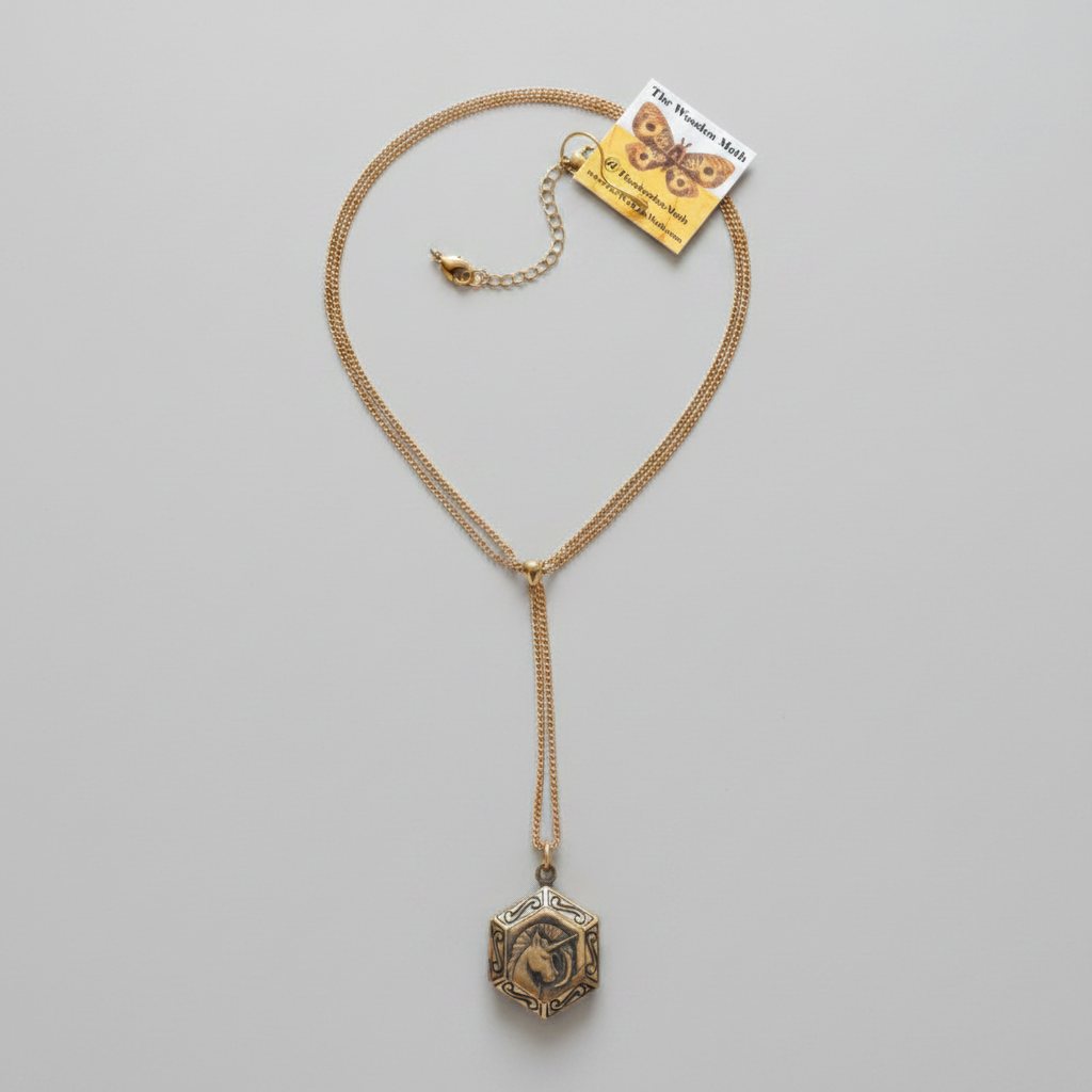 Engraved Brass Locket W/Chain Hex Unicorn