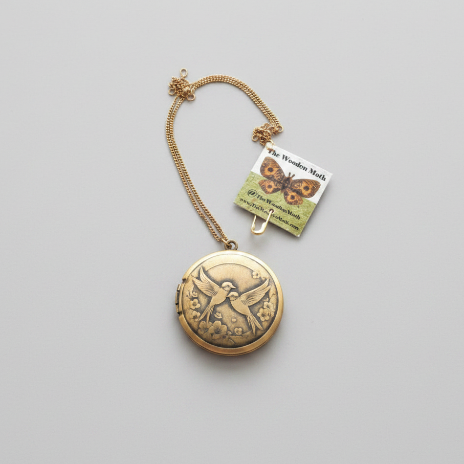 Engraved Brass Locket W/Chain 32mm Swallows