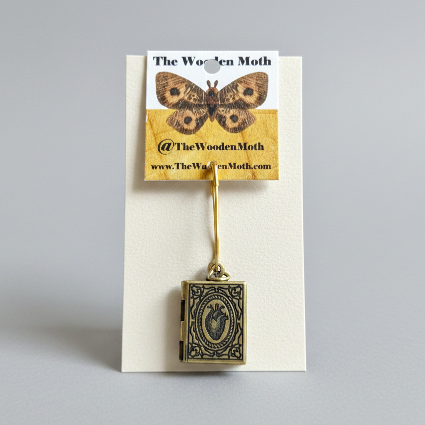 Engraved Brass Locket No Chain Small Book With Anatomical Heart