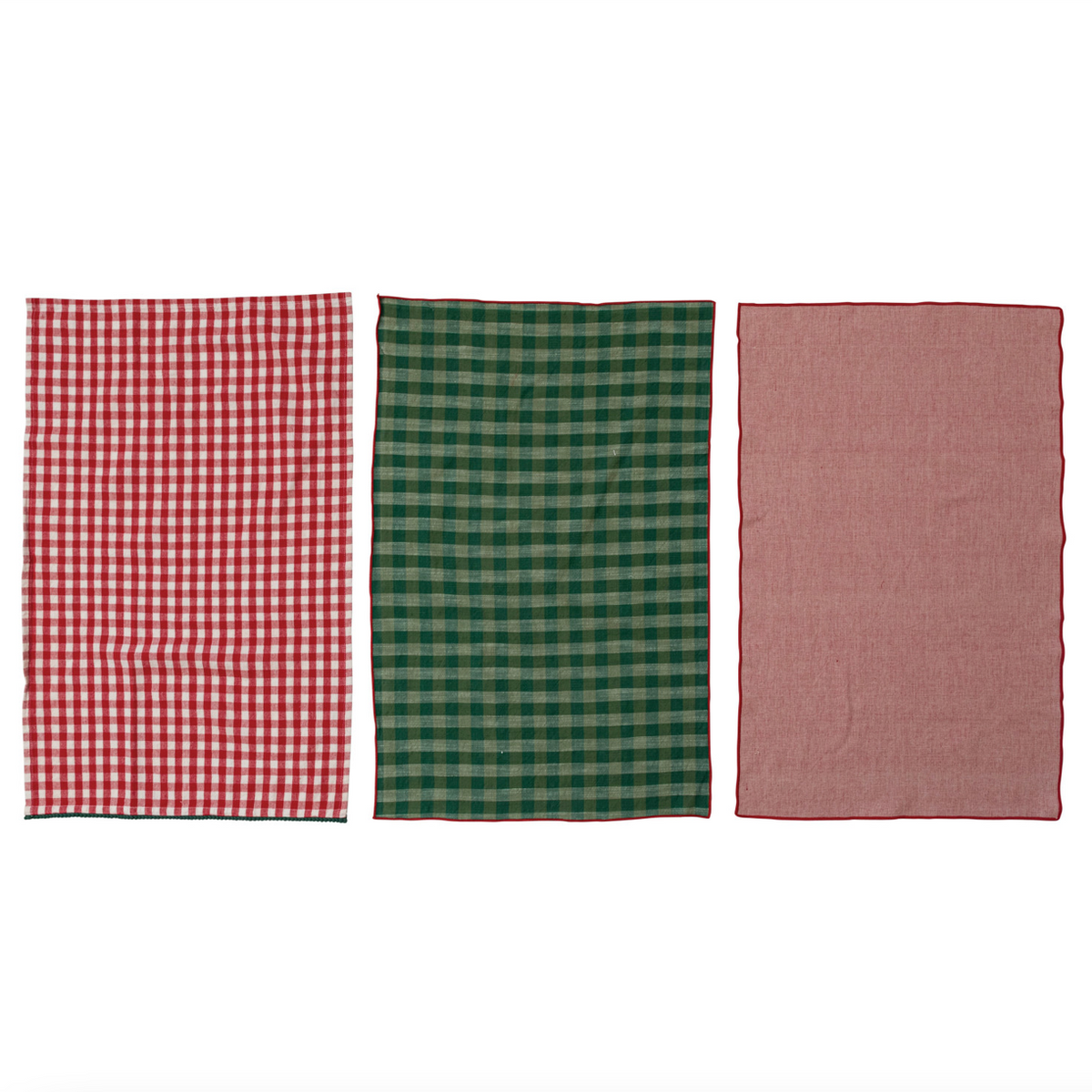Three tea towels side by side on a white background. The left napkin has a red and white gingham check pattern, the middle napkin has a green and dark green gingham check pattern, and the right napkin is a solid dusty red with a thin red border.