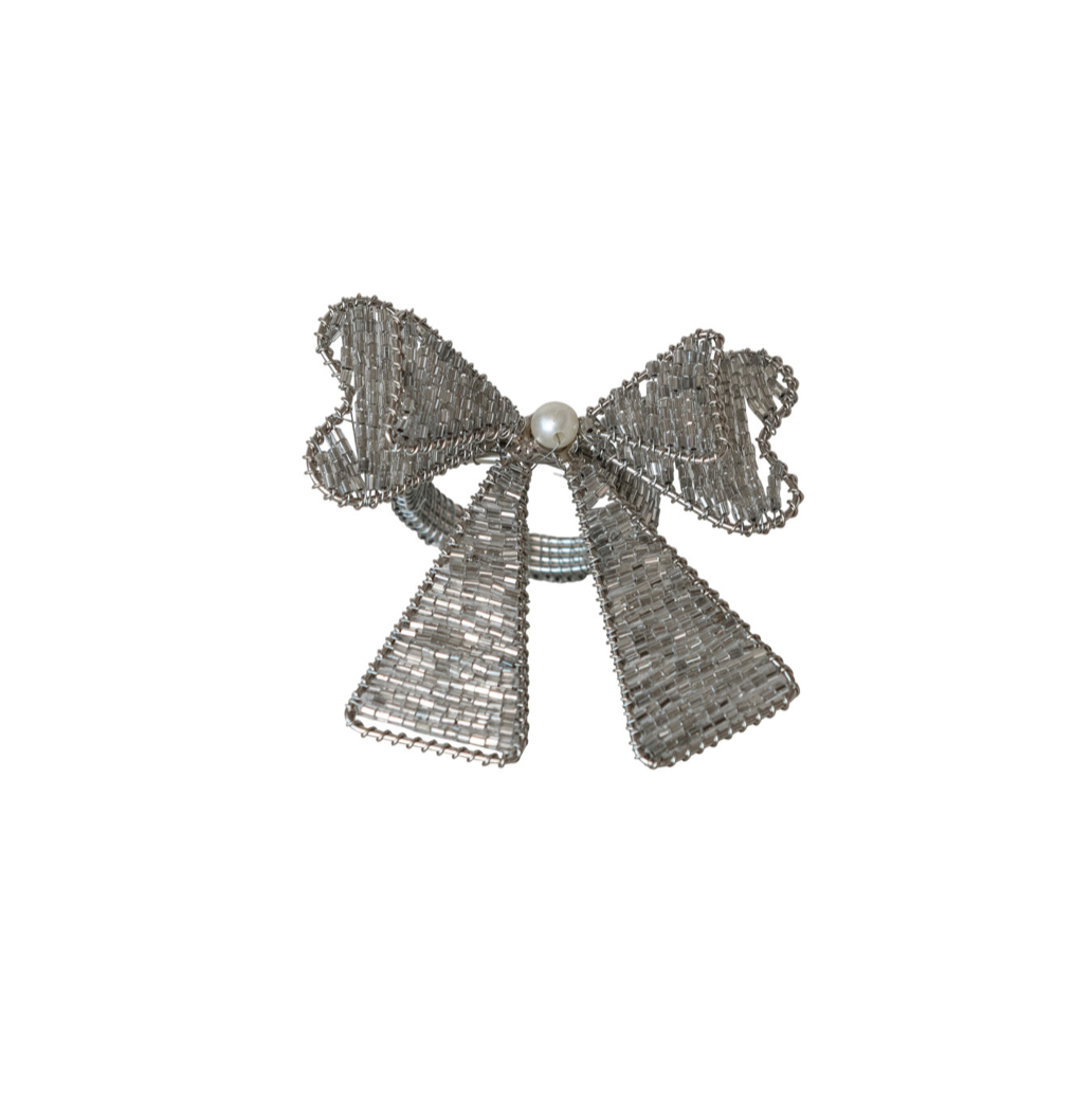 Handmade Silver Beaded Bow Napkin Rings - Set of 4
