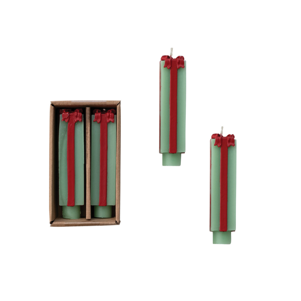 Unscented Package Shaped Taper Candles in Box in Green & Red - 5"