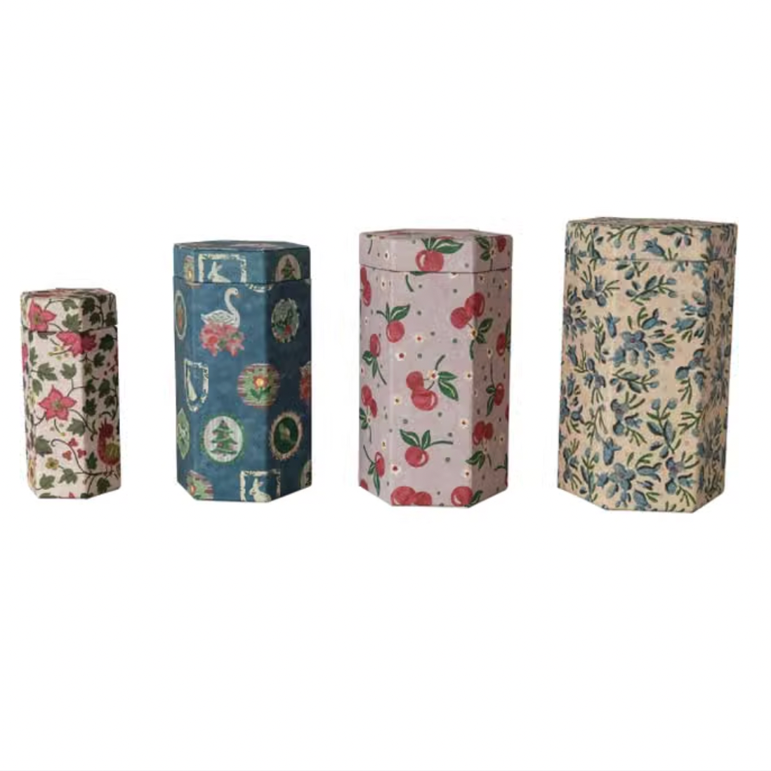 Four vintage patterned hexagonal boxes or tins arranged in a row against a plain white background. Each tin features a different decorative print, including floral, botanical, and fruit motifs in muted tones.