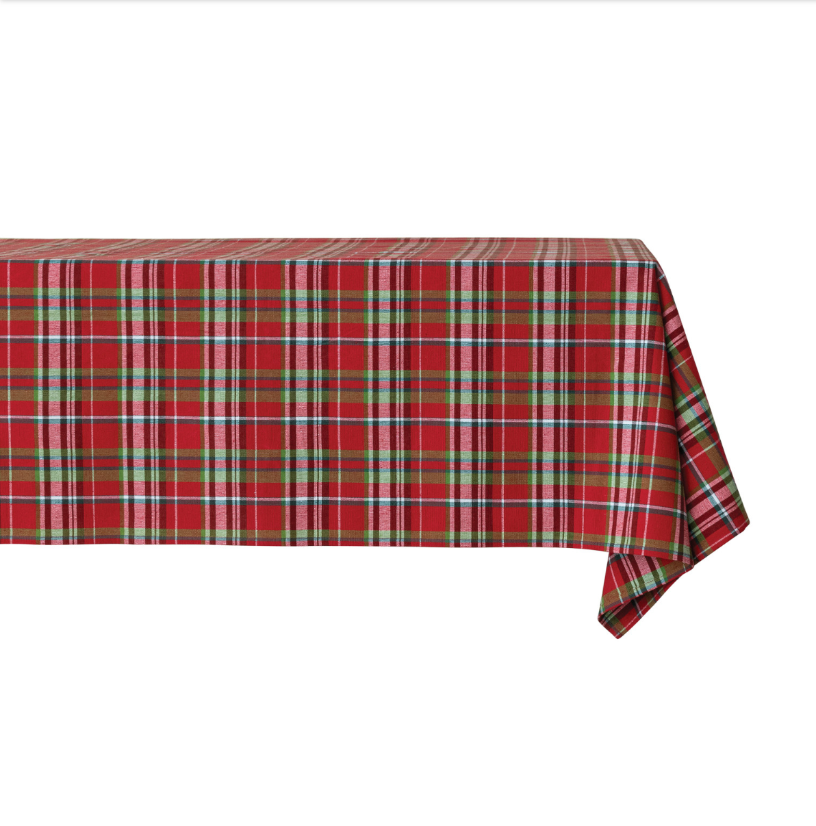 A red plaid tablecloth with green, white, and thin yellow stripes, draped over a table against a plain white background.