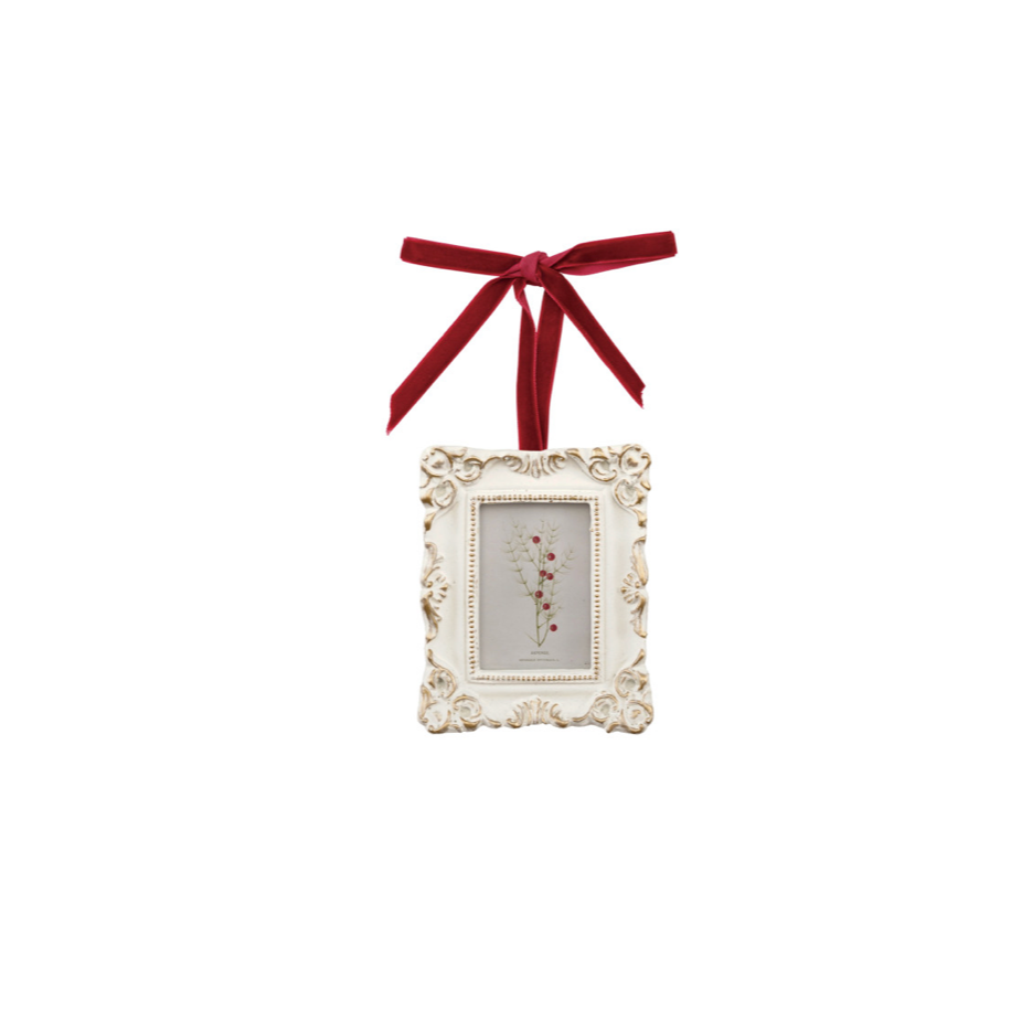 Resin rectangular Photo Frame Ornament with Velvet Ribbon. holds 2" x 3" photo