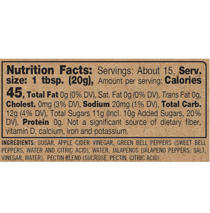 A close-up of a brown kraft paper label showing the Nutrition Facts panel and ingredient list in black text.