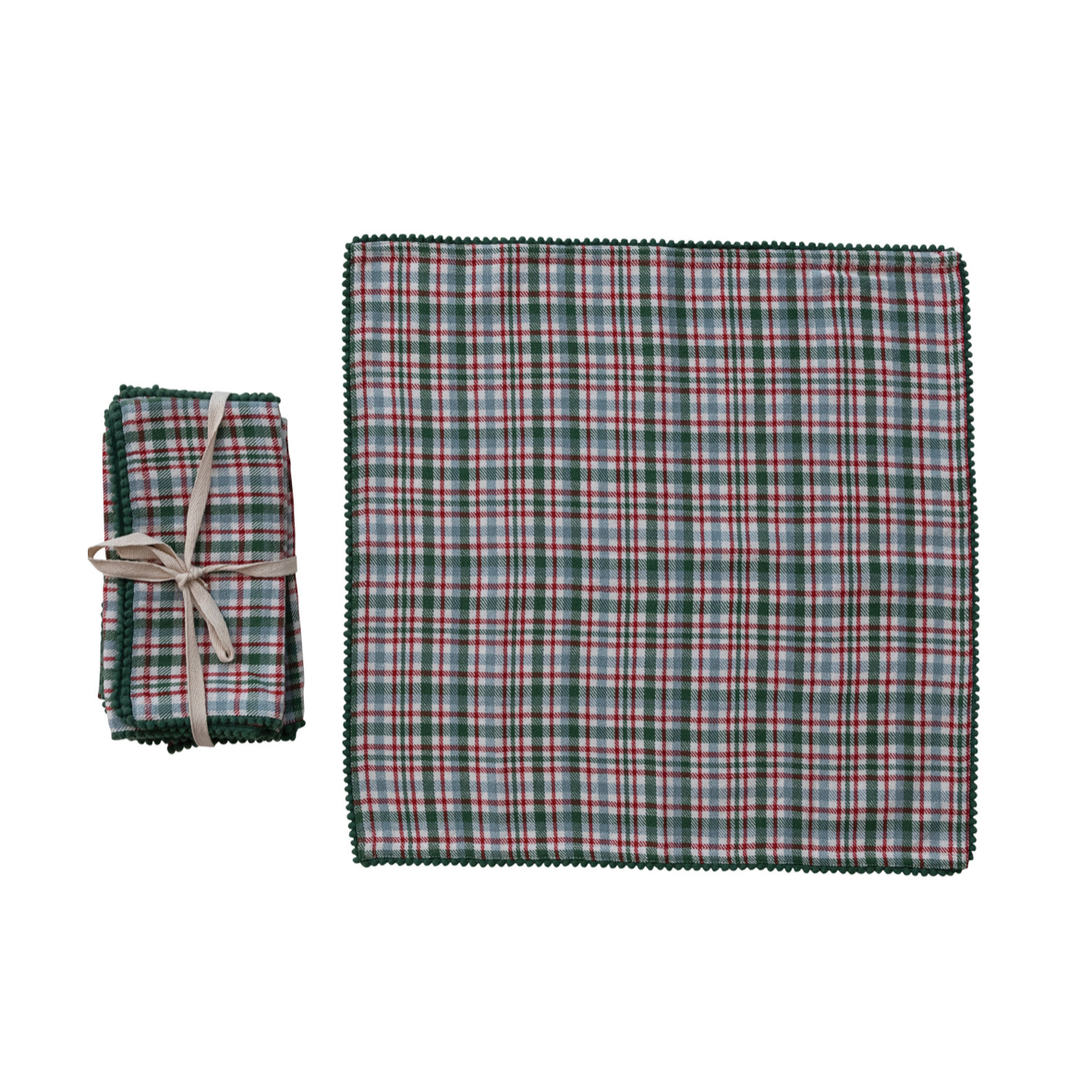 Woven Cotton Napkins with Plaid Pattern & Mini Pom Pom Trim