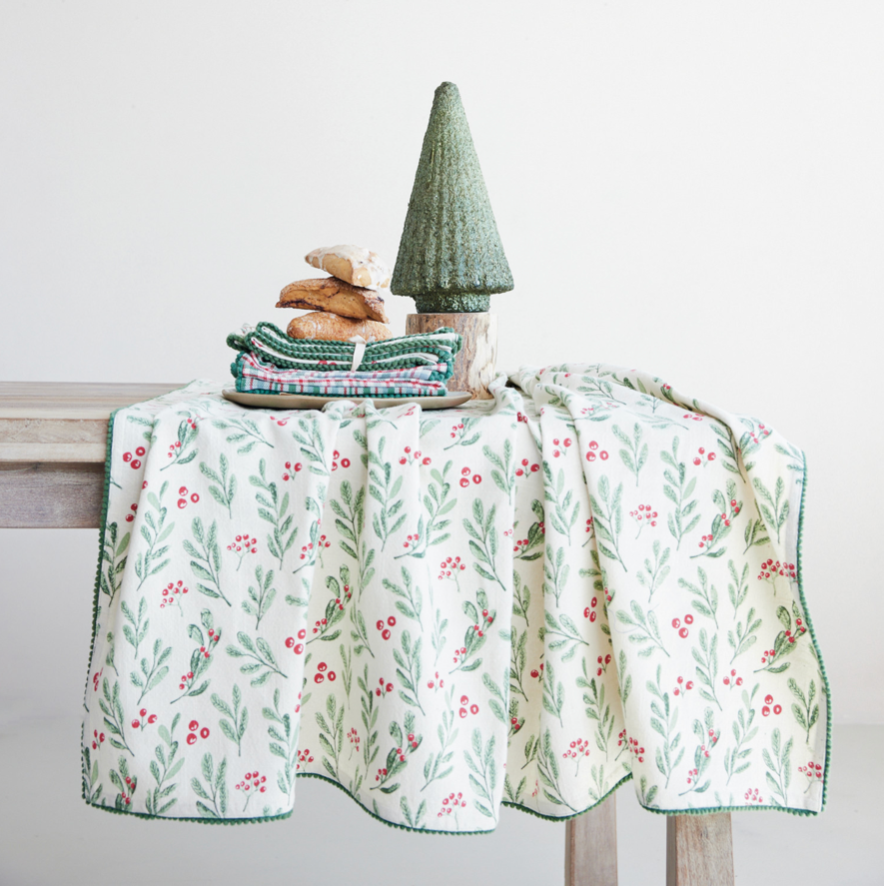 Cotton Table Cloth - Mistletoe & Mini Pom Pom Trim