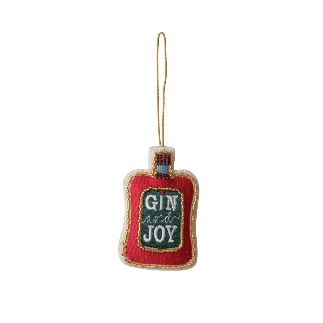 Gin & Joy Embroidered Bottle Ornaments.