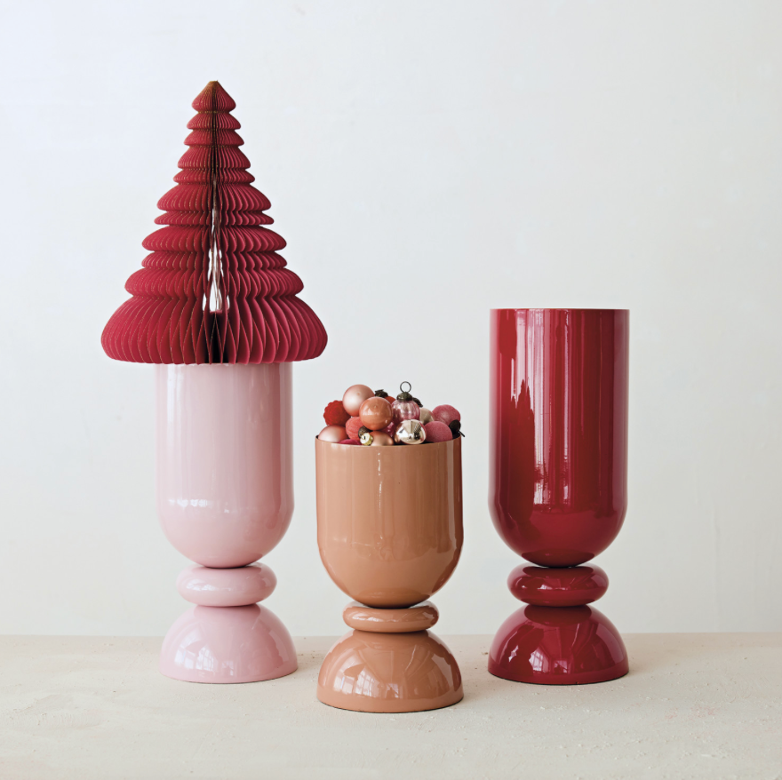 Enameled Metal Footed Vase - Pink