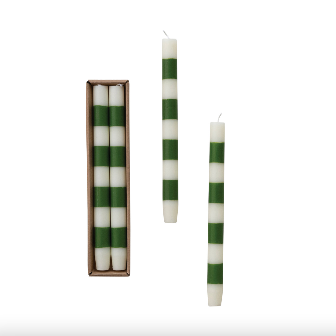 Unscented Taper Candles with Green & White Stripes - Set of 2