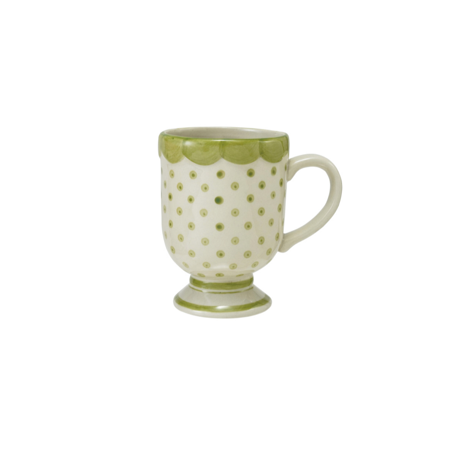 Merry Scalloped Stoneware Mug - White with Green Polka Dots & Green Scalloped Rim