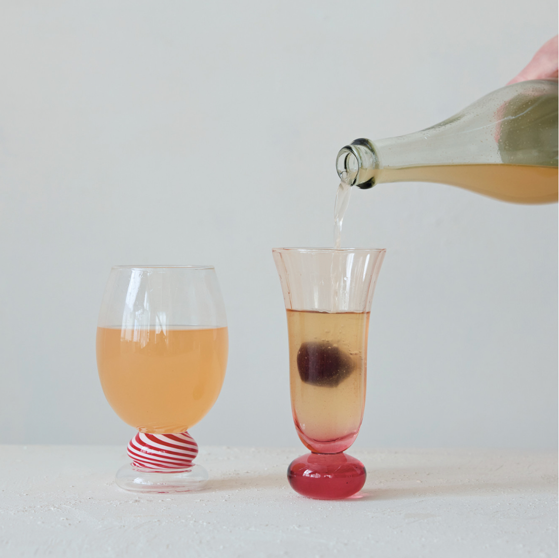 Blown Fluted Drinking Glass with Ball Stem - Pink