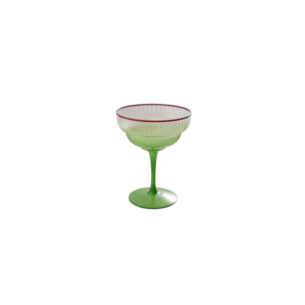 Green Fluted Stemmed Coupe Glass with red Colored Rim