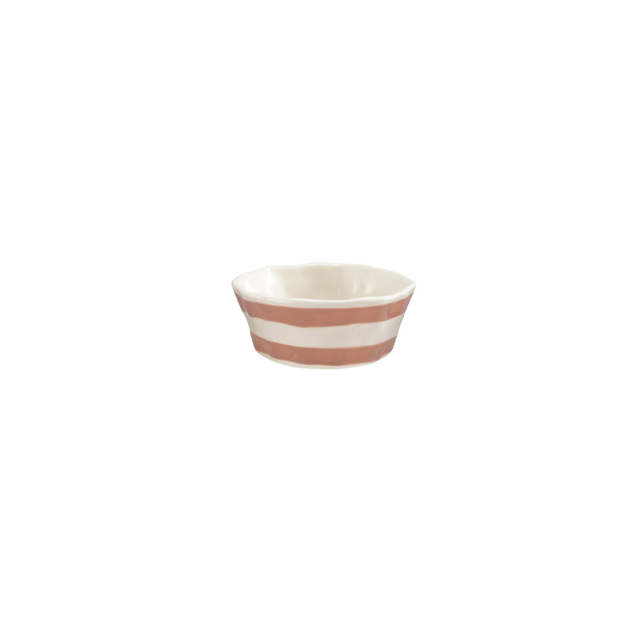 A small ceramic bowl with alternating horizontal stripes of dusty pink and off-white, shown against a solid white background.