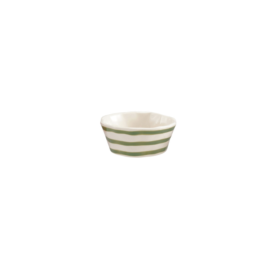 A small white ceramic bowl with horizontal green stripes, centered on a plain white background.