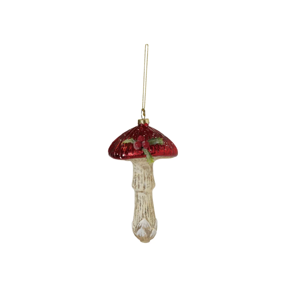Hand-Painted Mercury Glass Mushroom Ornament with Holly & Glitter