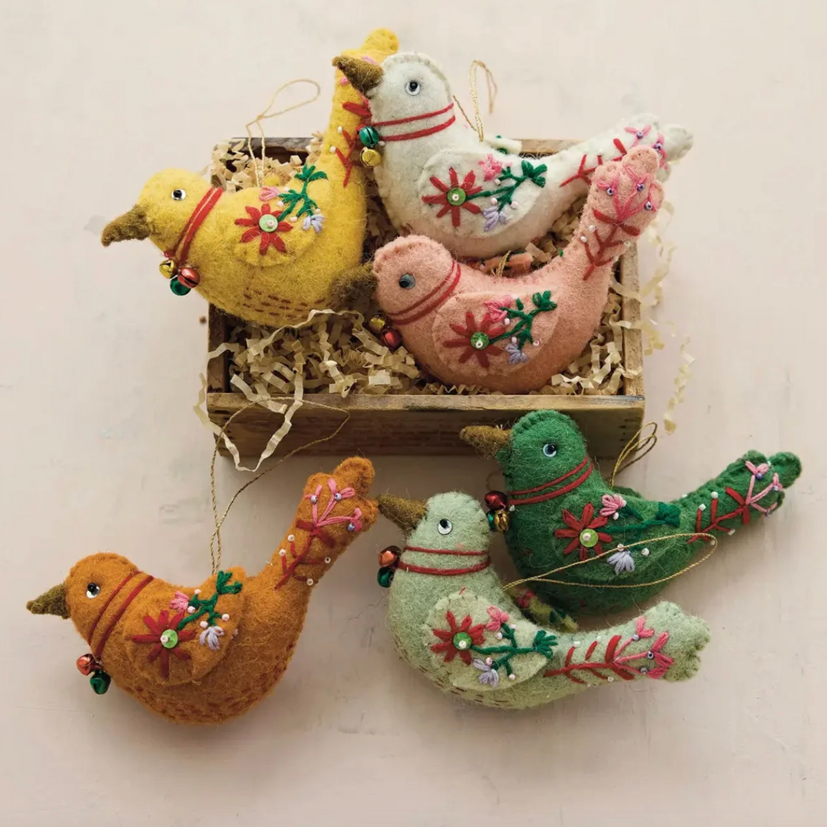 Handmade Wool Felt Bird Ornament w/ Embroidery - 4 Styles