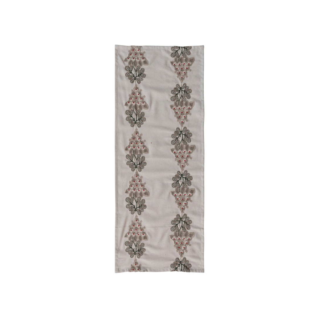 Cotton Table Runner with Embroidered Mistletoe Pattern
