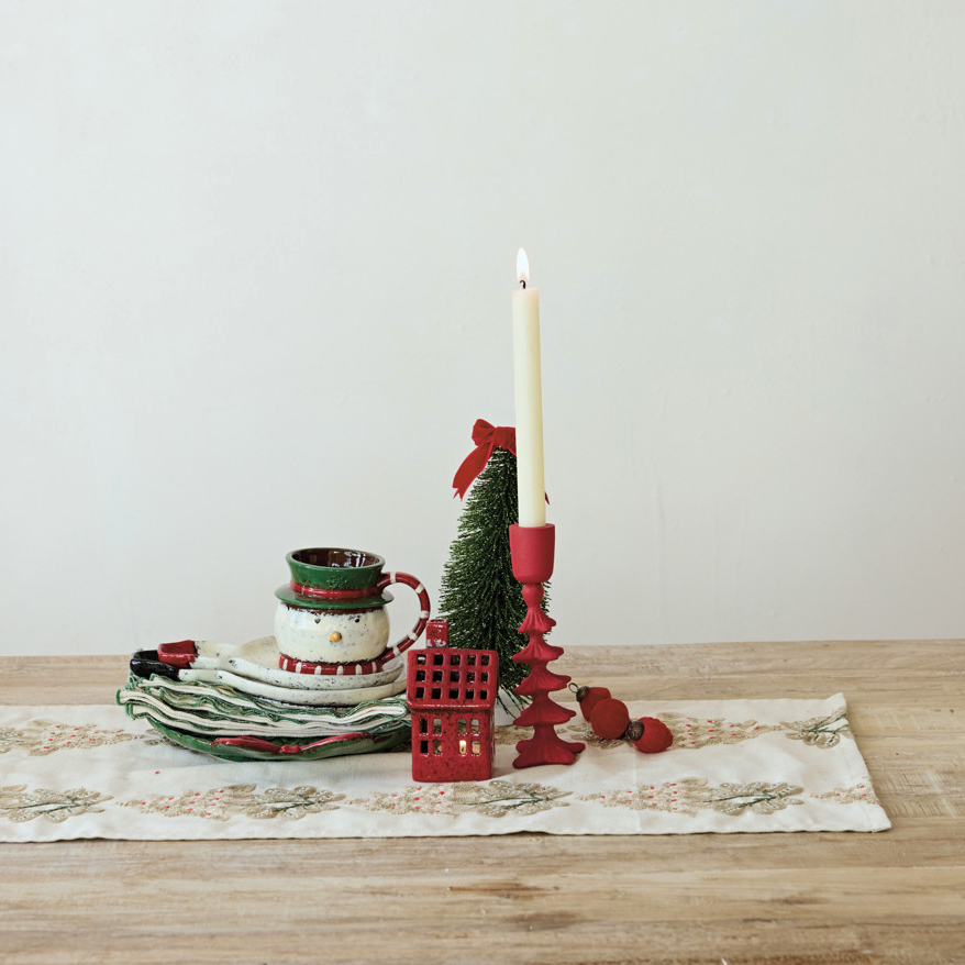 Cotton Table Runner with Embroidered Mistletoe Pattern