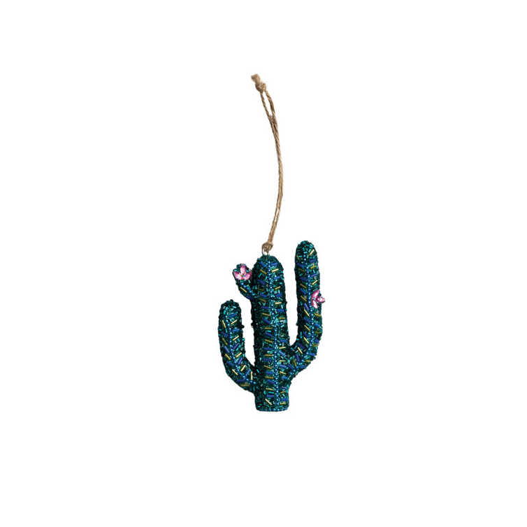 Handmade Beaded Cactus Ornament, Green - Blue Green