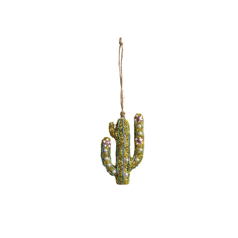 Handmade Beaded Cactus Ornament, Green - Light Green