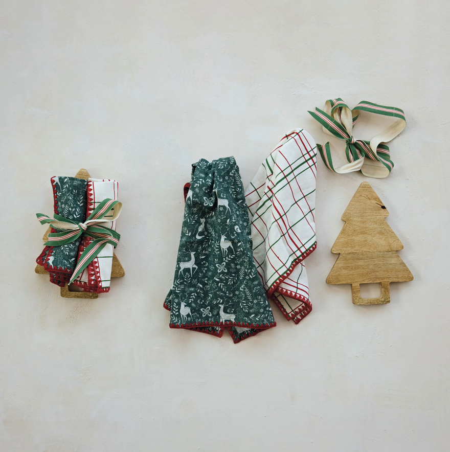 Tea Towels & Tree Shaped Cheese/Serving Board - Set of 3