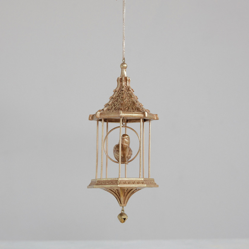 Birdcage Ornament with Bead - Gold Finish