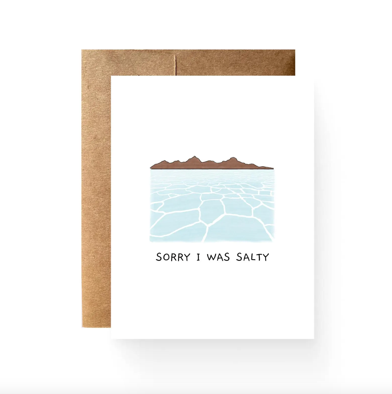 "Sorry I was salty" written under a watercolor painting of the Bonneville Salt Flats.