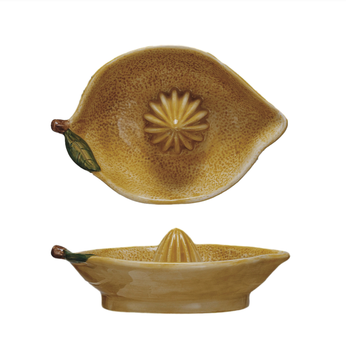 Ceramic lemon-shaped juicer on a white background