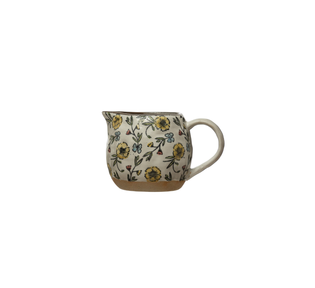 Hand-Painted Yellow Botanical Stoneware Creamer With a Spout