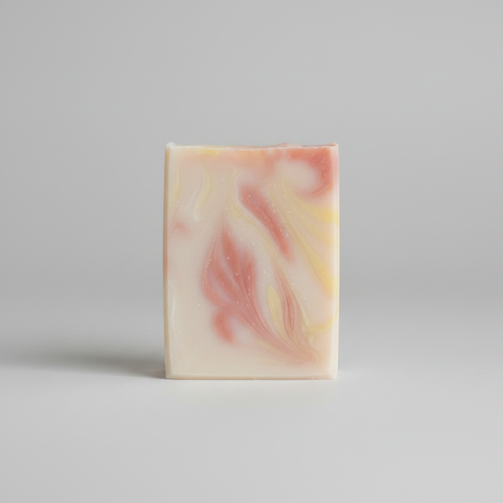A rectangular handmade soap bar with pink, yellow, and white marbled swirls, resting on a circular wooden plate against a blurred sunset background.