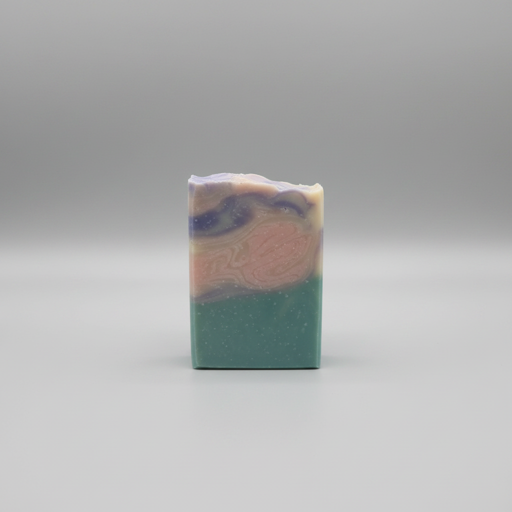 A rectangular handmade soap bar with a marbled pattern of pink, purple, and light blue-green, resting on a circular wooden board against a blurred background of pink flowers.