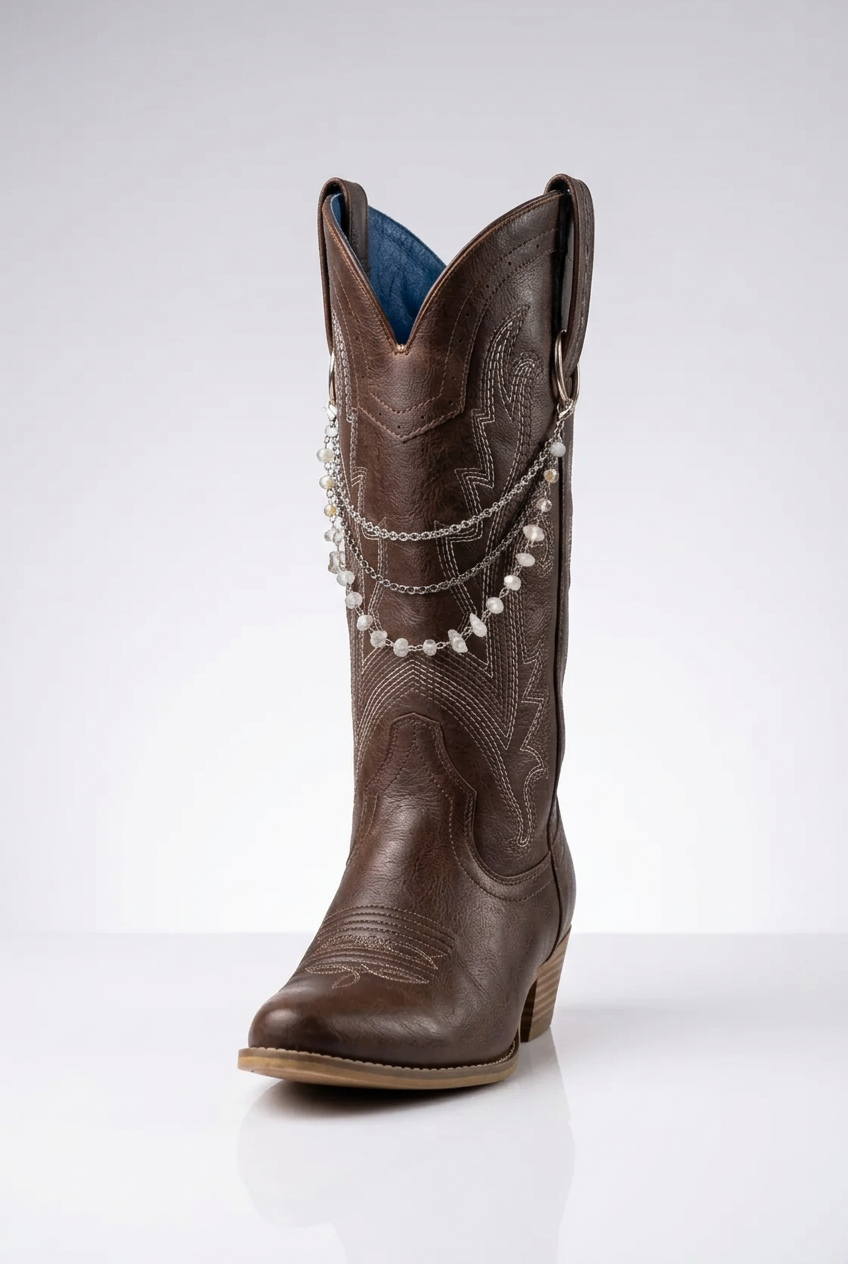 Dark brown cowboy boot with intricate cream stitching, adorned with layered antique silver-tone chain boot charms featuring dangling faceted beads in champagne, cream, and neutral tones.