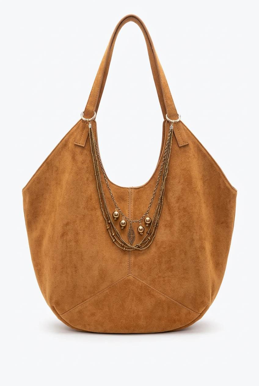 Tan suede handbag adorned with layered antique gold-tone beaded strands and silver-tone chains, featuring metallic bead accents and a delicate feather pendant for a boho-inspired look.