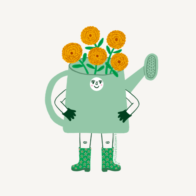 Light green watering can with margolds coming out the top. Has face, arms and legs in rainbows.