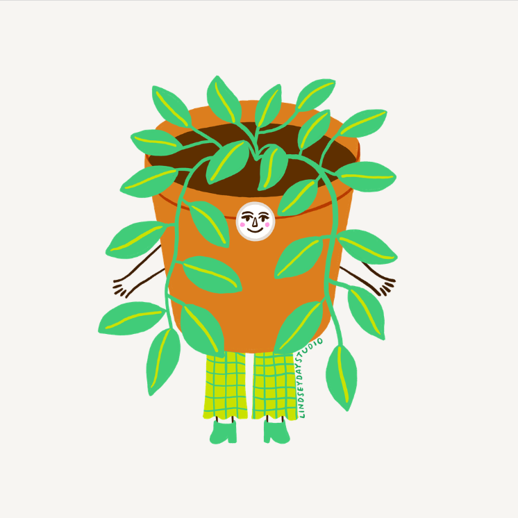 Green pathos in a terracotta pot with a face, arms, and legs