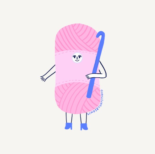 Pink spool of ar sticker with blue crochet hook, a face, arms and legs.
