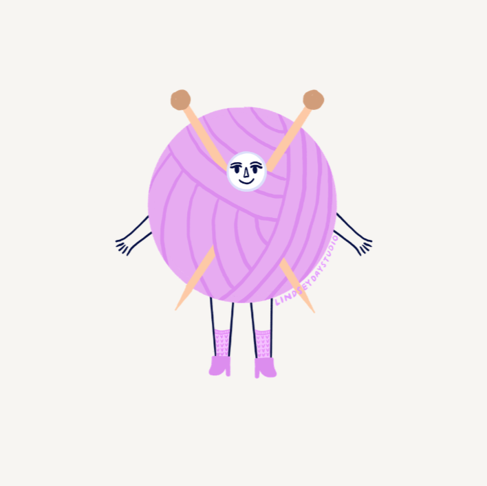 Purple ball of yarn sticker with two knitting needles, a face, arms and legs.