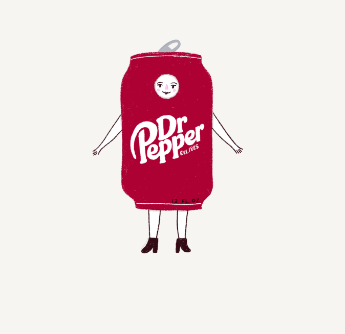 Red Dr. Pepper can with a face, arms and legs.