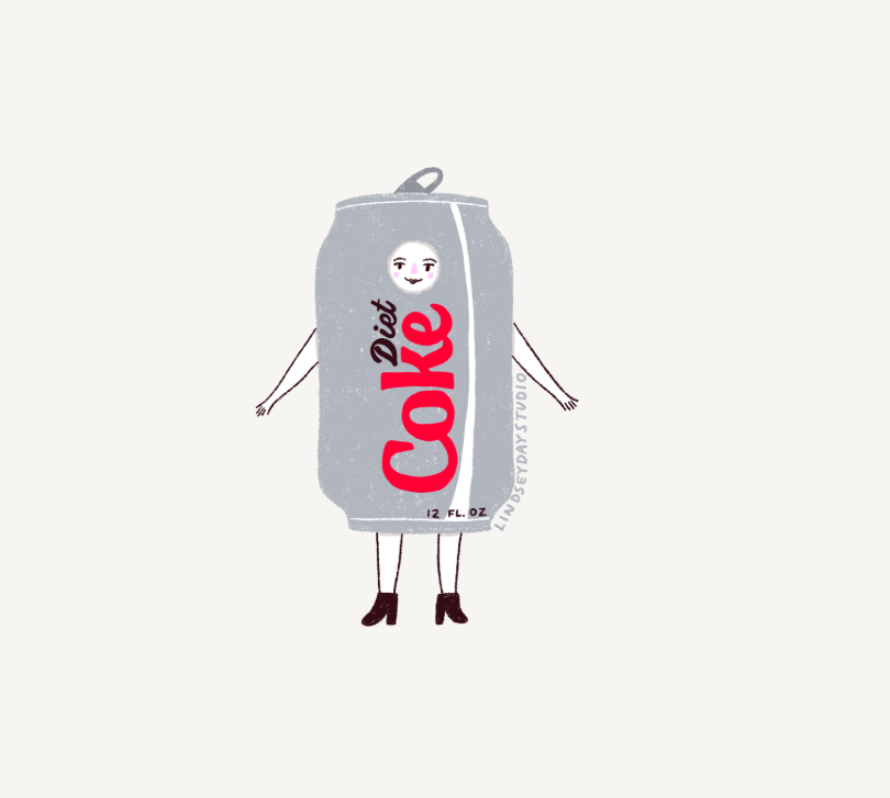 Diet Coke can with a face, arms and legs.