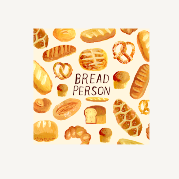 Square sticker with lots of bread and the words "bread person".