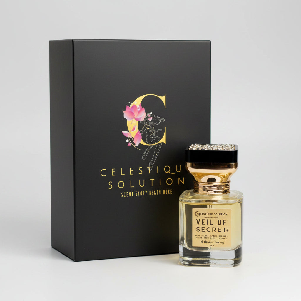 Perfume bottle and packaging with 'Celestique Solution' branding on a wooden surface.