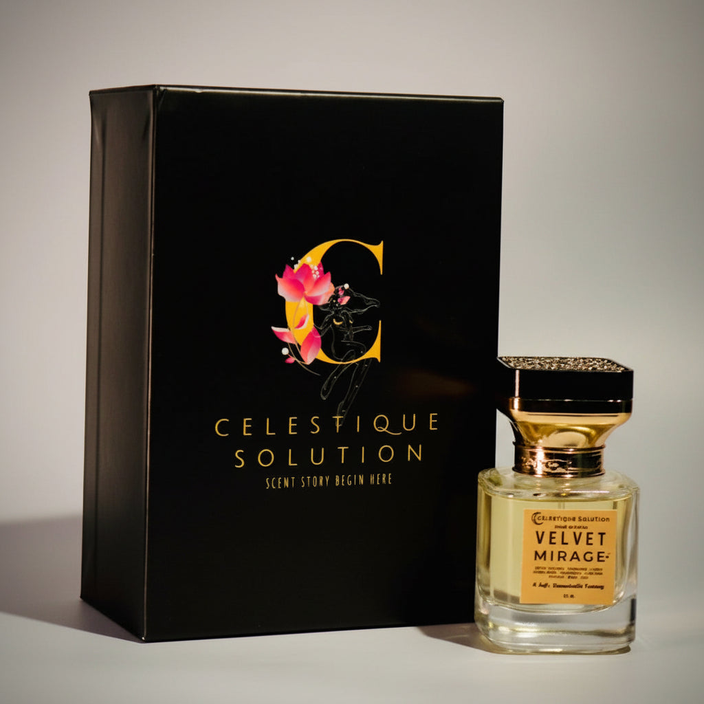 Perfume bottle and packaging with 'Celestique Solution' branding on a wooden surface.