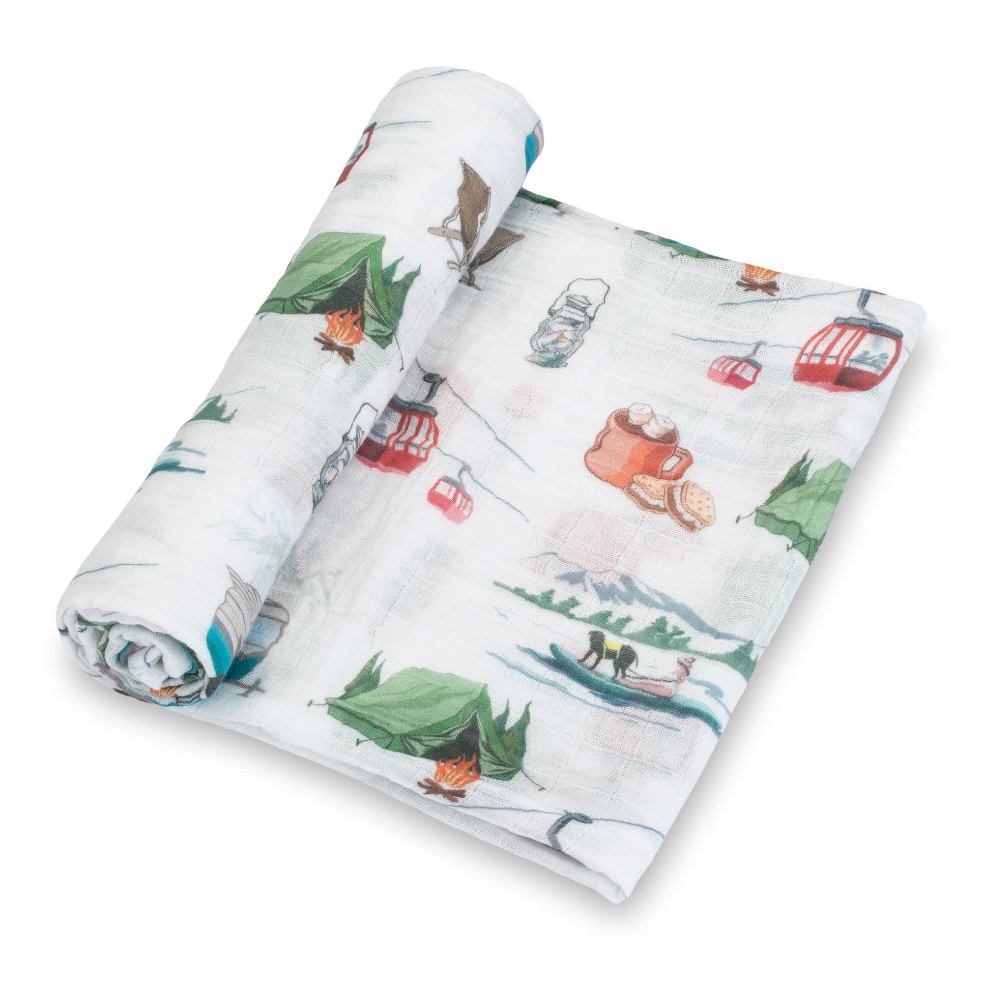 Rolled-up fabric with a winter scene design featuring skiers and snow-covered trees on a white background.