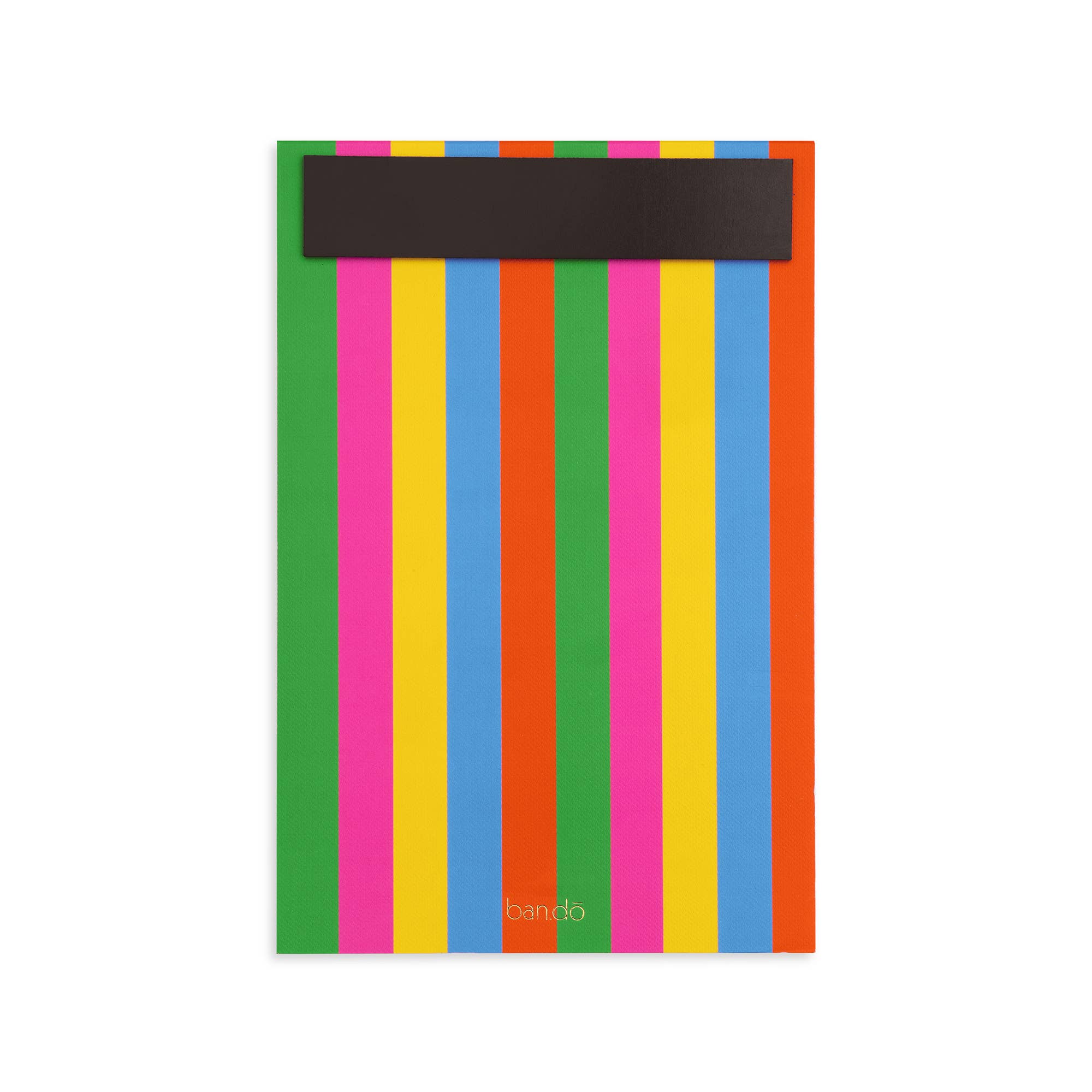 Colorful striped notebook with a black band on a white background
