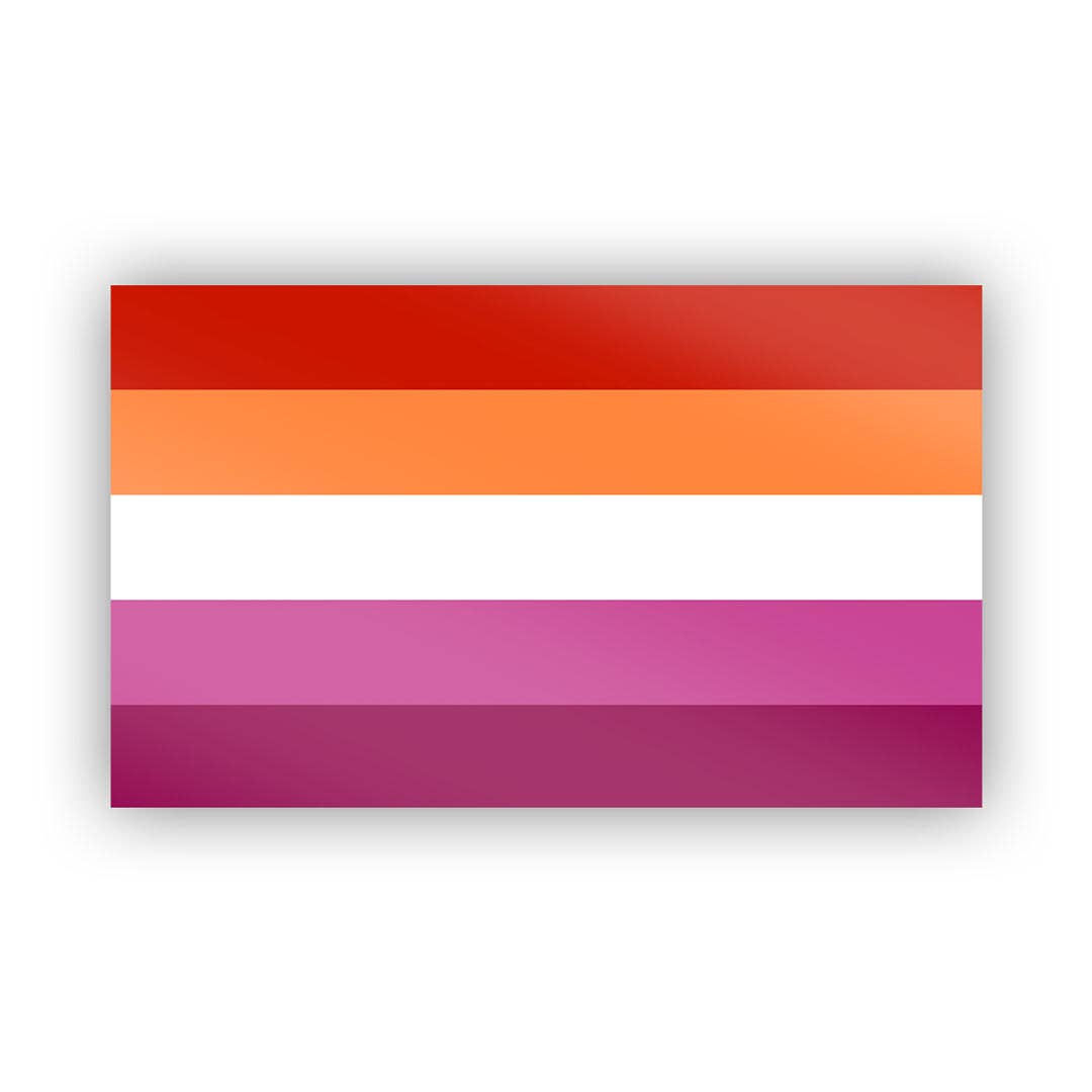 Lesbian Pride Flag sticker ready for sticking on laptops, water bottles, your car, or anywhere else you can think of. A simplified 5 stripe lesbian pride flag, just in sticker form! 3" x 1.8"