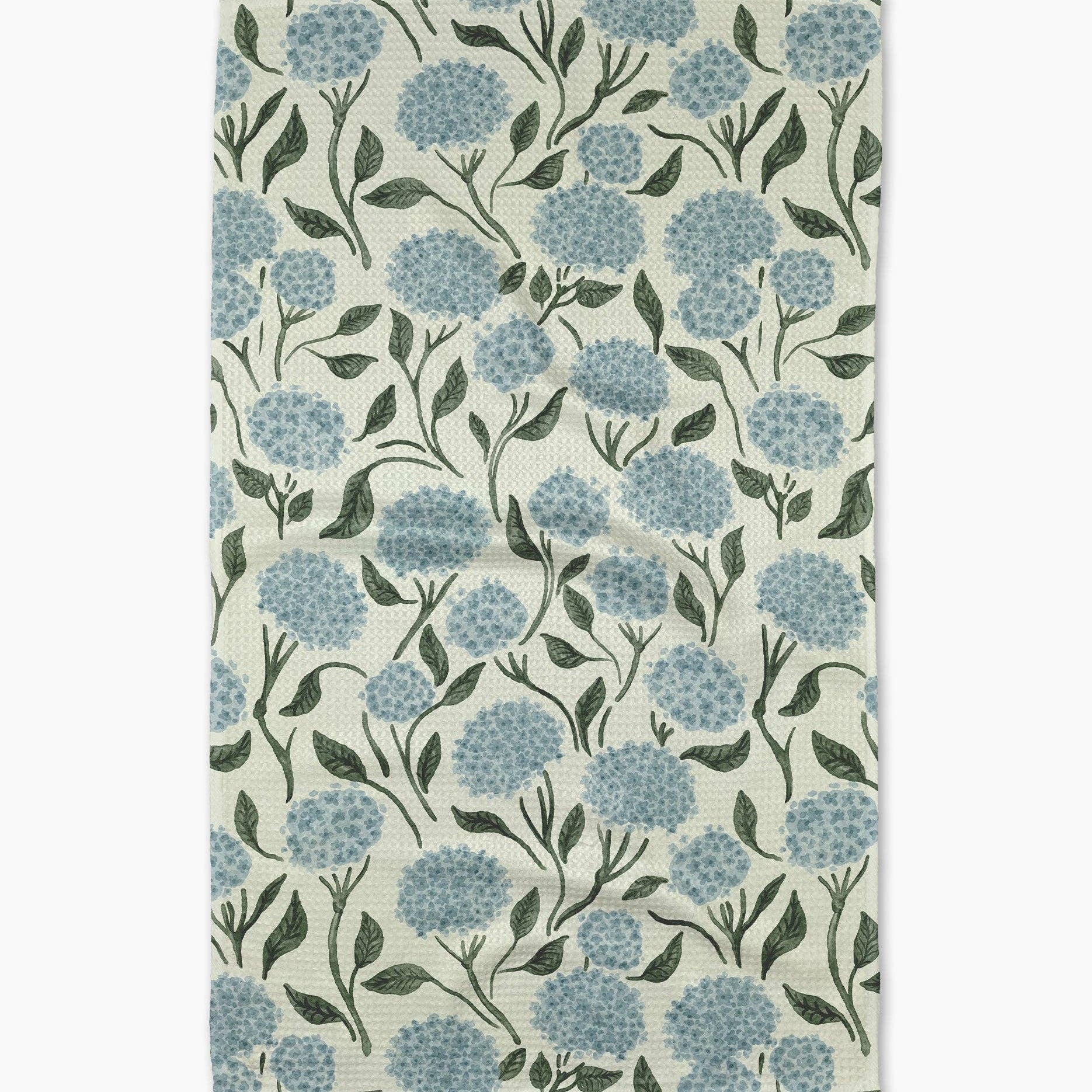 Tea towel with blue floral pattern on a white background